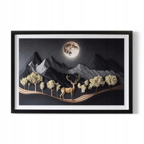 Dekoratives Moos Malerei mit Moos Hirsch bei Vollmond 60x40