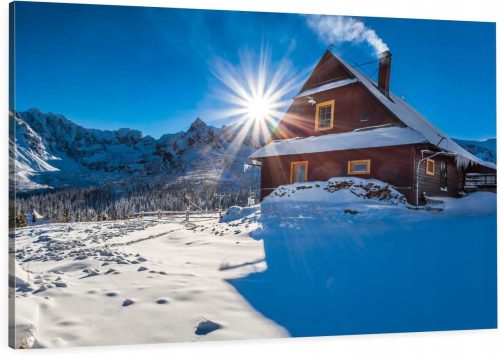 Bilder an der Wand GEMÄLDE AUF LEINWAND 120x80 Hütte in den Bergen Berge im Winter