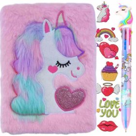  TAGEBUCH, NOTIZBUCH EINHORN-STICKEREI Einband aus Fell