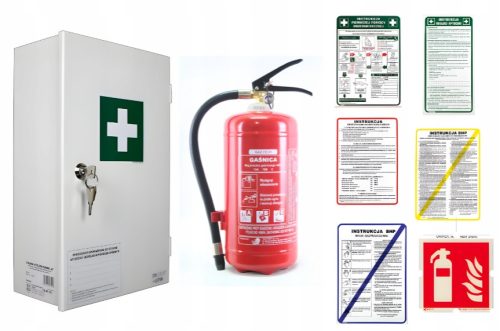 Mittleres Gesundheits- und Sicherheitsset für Unternehmen, Erste-Hilfe-Kasten, Feuerlöscher-Schilder