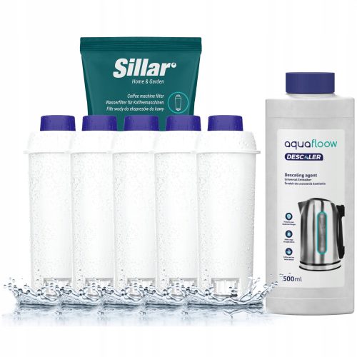  Sillar 5_SIL001 Wasserfilter für Delonghi-Kaffeemaschinen, 5 Stück + AquaFloow Universal-Entkalker für Kaffeemaschinen – 0,5 l