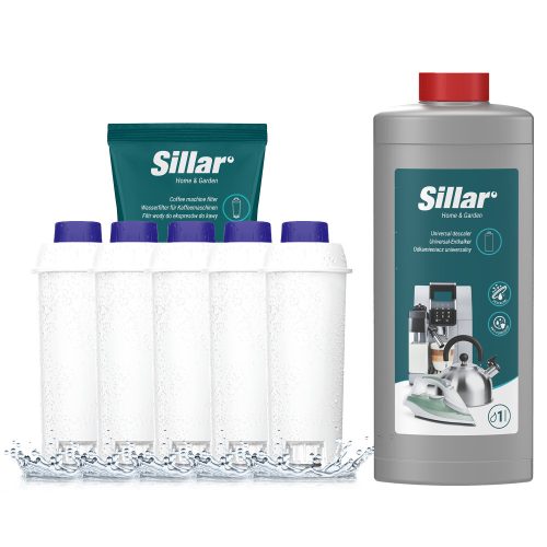  Sillar-Set für Delonghi-Kaffeemaschine: 5x Wasserfilter + Entkalker 1l