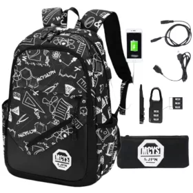   Großer Jugend-Schulrucksack-Set "Graffiti USB" mit 5-in-1 Zubehör