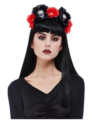  Smiffys Stirnband Dunkle Rosen und Totenköpfe