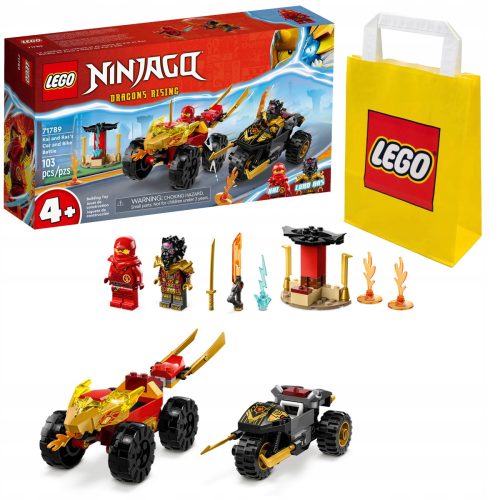  LEGO Ninjago Kai und Ras im Auto-Fahrrad-Duell 71789 + LEGO Papiertüte 6315786 gelb 24x8x18 cm