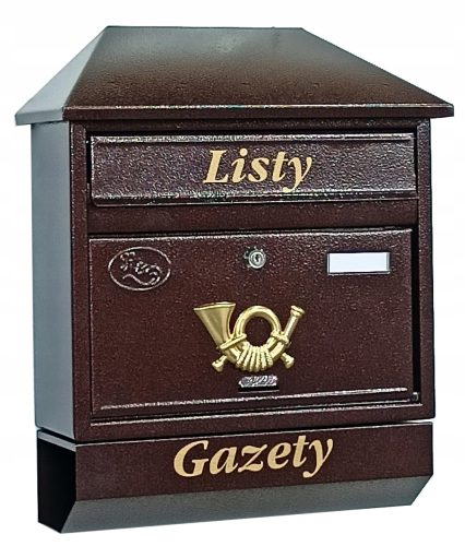 Euro-Briefkasten, mit Zeitungsmagazin Pachurka Dżeże in Brauntönen