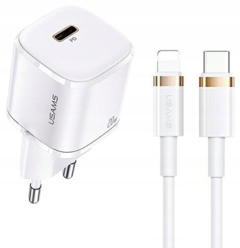  USAMS Netzladegerät 1xUSB-C T36 mini 20W + USB-C-Lightning-Kabel weiß