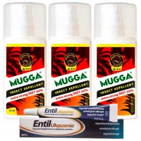    3× Mugga Deet Mücken- und Zeckenspray 50 % 75 ml + Entil Gel gegen Bisse Entil Bites 8 ml 8 g