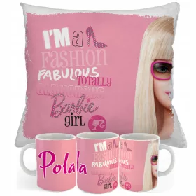  BECHER + KISSEN-Set BARBIE VERSCHIEDENE MUSTER + NAME