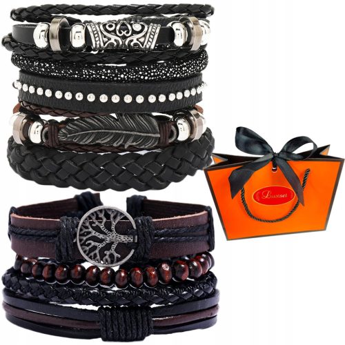  ELEGANTES LEDERARMBAND-SET FÜR HERREN, 9-TEILIG + GESCHENKTASCHE