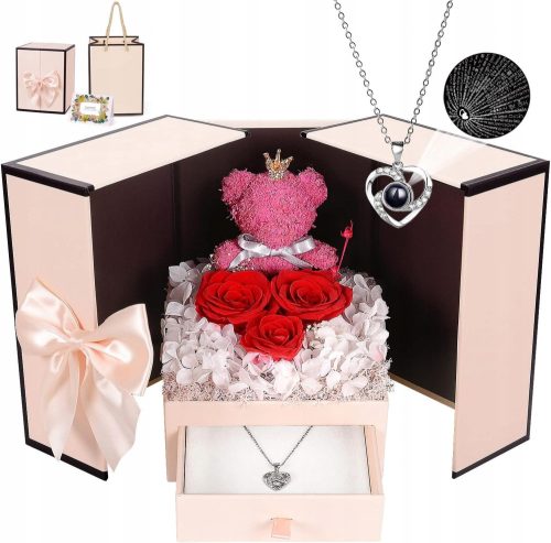 Ewige Rose mit Teddybär-Halskette als Blumengeschenk