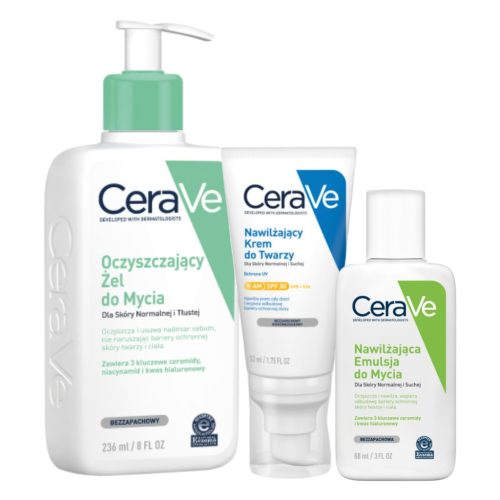 CeraVe Pflegeset: Feuchtigkeitscreme SPF 30, Reinigungsgel & Gratis Emulsion