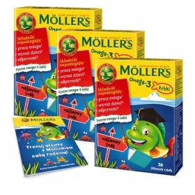  Möller's Omega-3 Himbeerfischchen 3x Set + Gratis Malbuch für Kinder