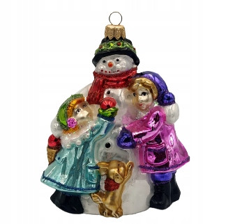  WEIHNACHTSKUGELN AUS GLAS Schneemann mit Kindern, 13 cm
