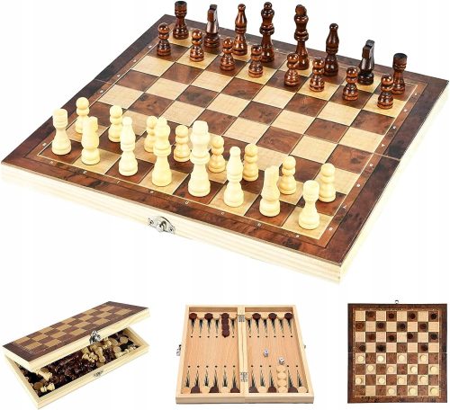  HÖLZERNE SCHACH-BACKGAMMON-DAME 3-IN-1-SET Woody-Schachspiel