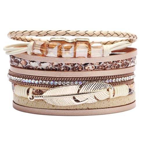  Beigefarbenes Lederarmband mit Federbandumwicklung