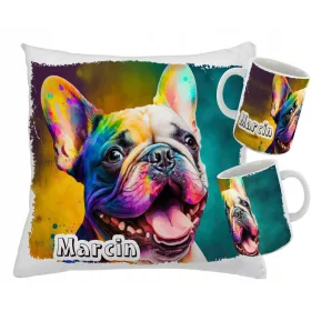    Set BECHER + KISSEN FRANZÖSISCHE BULLDOGGE BULLDOGGE VERSCHIEDENE MUSTER + NAME