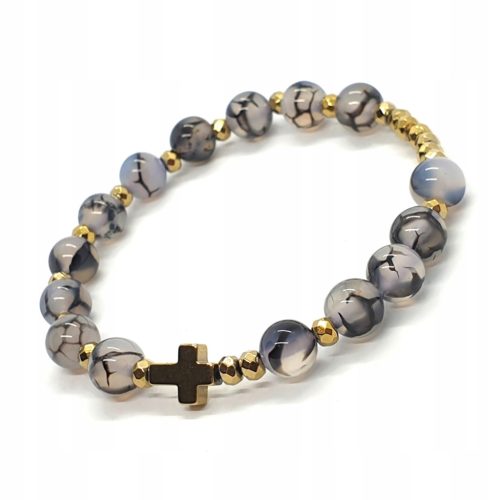  Rosenkranz-Armband an der Hand, Drachengrauer Achat