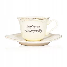    Tasse und Untertasse zum Lehrertag mit dem Aufdruck „BEST TEACHER“.