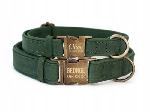  Graviertes Hundehalsband aus Leder mit Metallschnalle, grüne Farbe