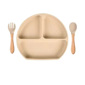    Silikonteller mit Saugnapf für Kinder + beiges Besteck BLW 6m+ Chichi