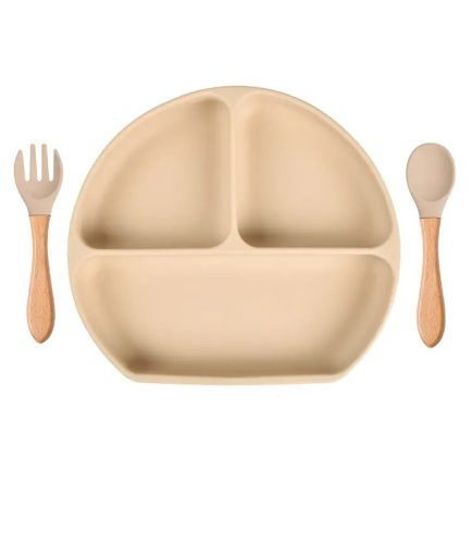  Silikonteller mit Saugnapf für Kinder + beiges Besteck BLW 6m+ Chichi