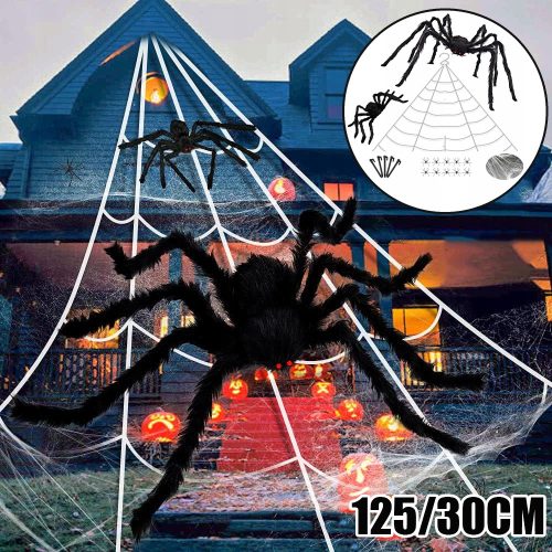  HALLOWEEN-SPINNENNETZ, DEKORATIVES SET, 125 CM HAARIGE SPINNE