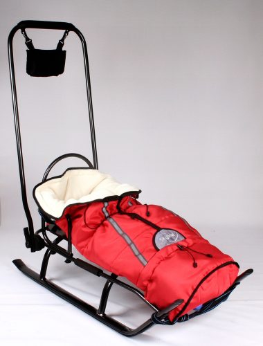  Ein Metallschlitten mit Rückenlehne für Kinder, mit Schlafsack und Schieber, stark, polnisch