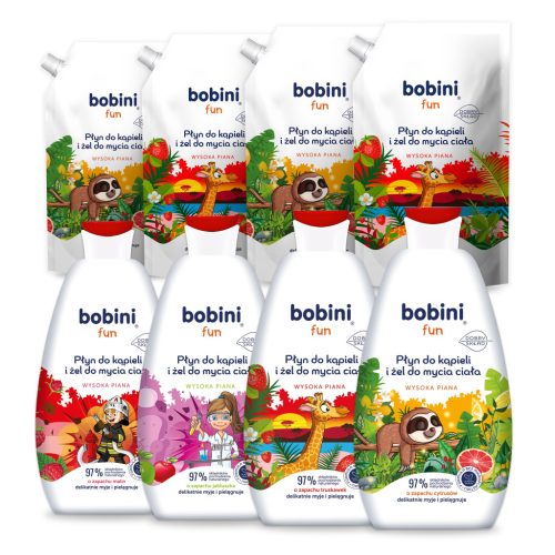  BOBINI FUN Badeflüssigkeit für Kinder 500 ml + Nachfüllflüssigkeit 500 ml 4+4