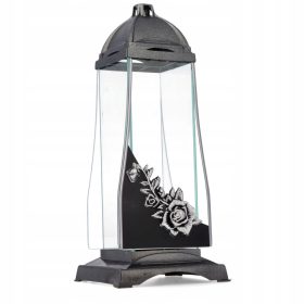  Glaskunstkerze B silber mit Rose, 39 cm