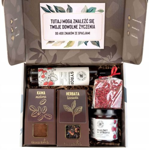  Geschenkset mit Tee, Kaffee, Schokoladensirup und Himbeeren in Sirupbox