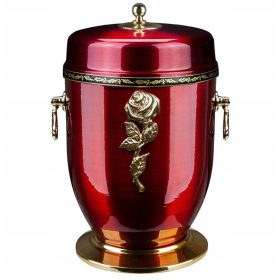   Rote Metallurne für Asche mit einer Rose, Bestattungsurne, Kremationsurne