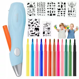    AIRBRUSH FUN PAINTING PEN SET mit 7 Karten mit Vorlagen, 12 Farben