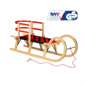    Traditioneller Holzschlitten DREWMAX AD322 D110 + rote Rückenlehne AD303 + Schnur AD300