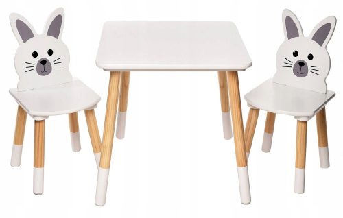  Holztisch + 2 Stühle SET für Kinder Weiße Hasen