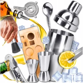   Barkeeper-Set für Getränke, 11-tlg. Shaker, Sieb, Jigger, Stößel, Ausgießer
