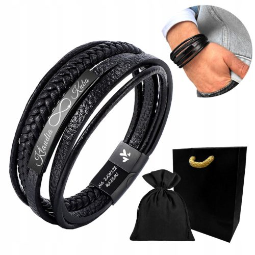  Herrenarmband mit GRAVUR aus Leder, schwarz VALENTINSTAG + KOSTENLOSE GRAVUR