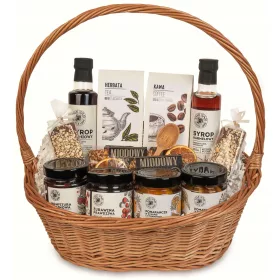    Geschenkkorb-Set mit Obst, Sirup, Kaffee, Tee, Sirup, Schokolade