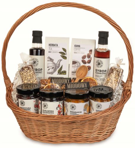  Geschenkkorb-Set mit Obst, Sirup, Kaffee, Tee, Sirup, Schokolade