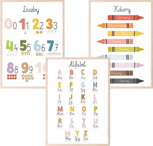  Set mit 3 A3-Postern MONTESSORI, pädagogisches Alphabet, Zahlen, Farben, verschiedene Muster