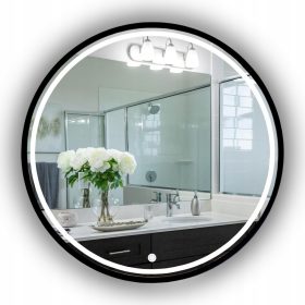    Runder schwarzer LED-Spiegel in einem 100-cm-Rahmen für ein Badezimmer mit Sandstrahleffekt