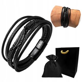    Herren-LEDER-Armband, schwarze Feder, elegantes Leder + KOSTENLOSE GRAVUR!