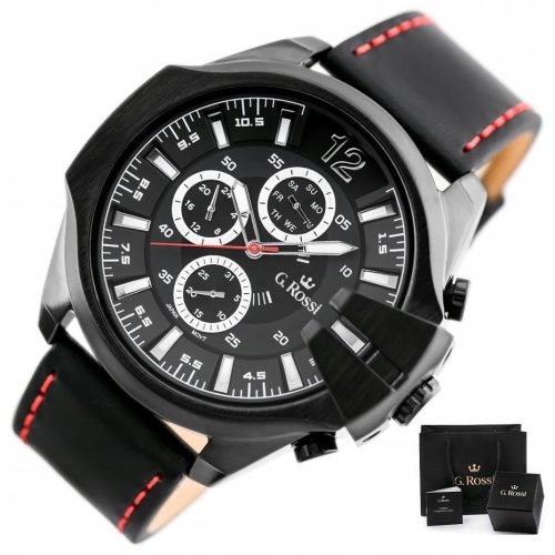  G. ROSSI EXKLUSIVE HERRENUHR +BOX +GRAVUR, Chronograph mit Datumsanzeige, Leder