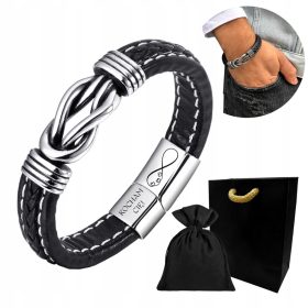    Herren-Lederarmband, schwarzer Knoten, 316L-Stahl, Geschenk + KOSTENLOSE GRAVUR