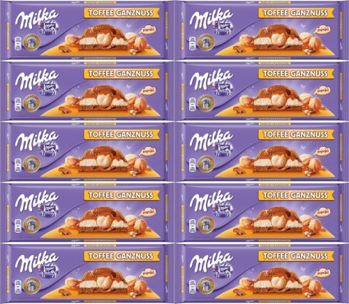 10er Pack Milka Milchschokolade mit Karamellfüllung und ganzen Haselnüssen, 300g
