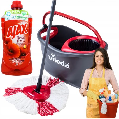 Vileda Easy Wring&Clean TURBO Eimer und Rotationsmopp 38 cm + Ajax-Flüssigkeit 1 l Multifunktionsreinigung