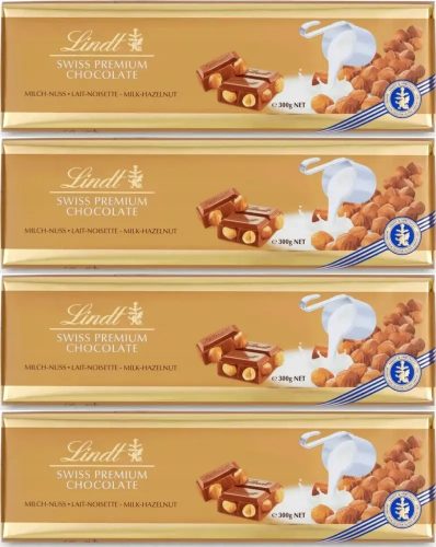 Lindt Swiss Milchschokolade mit Ganzen Haselnüssen 300g (4er Pack)
