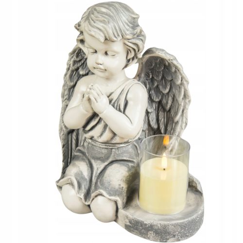  GROSSE GRAUE KERZE + KERZE, GRABFIGUR AUS GIPS, LED-LAMPE 3XAAA