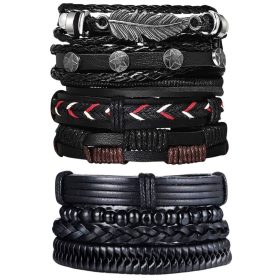  ELEGANTES HERREN-SCHWARZES LEDERARMBAND XXL-SET 9-TLG