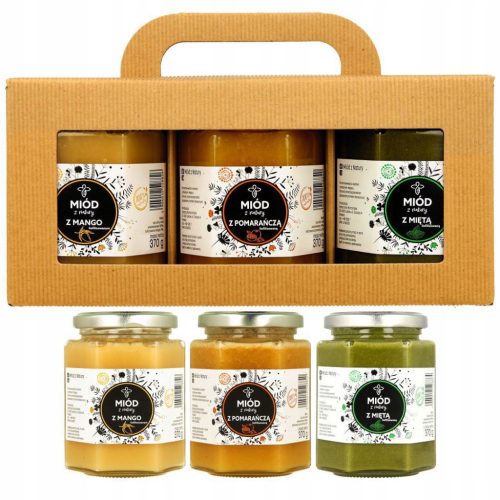 Set mit 3 Honigen und gefriergetrockneten Früchten (Mango, Orange, Minze) 3 x 370g